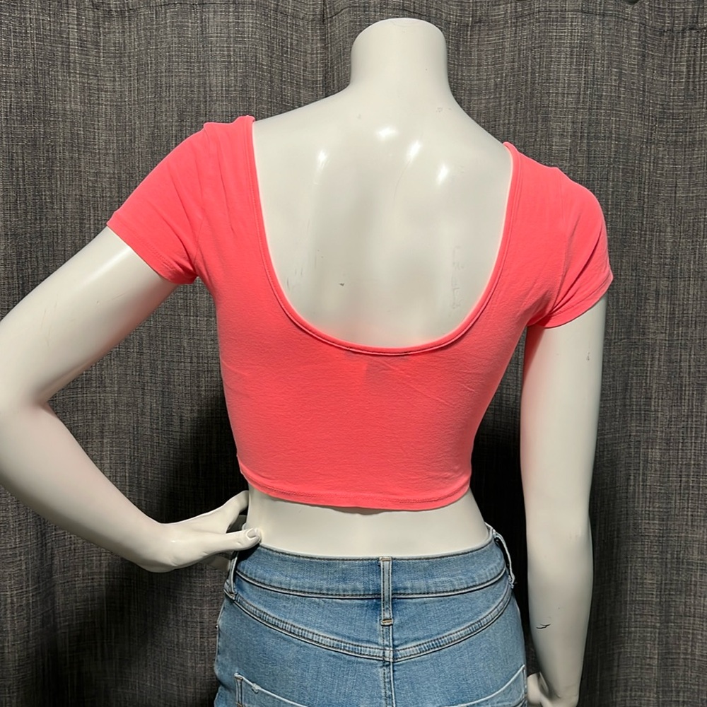 Forever 21 Washed-Neon Coral Orange Scoop Neck Crop Top Small